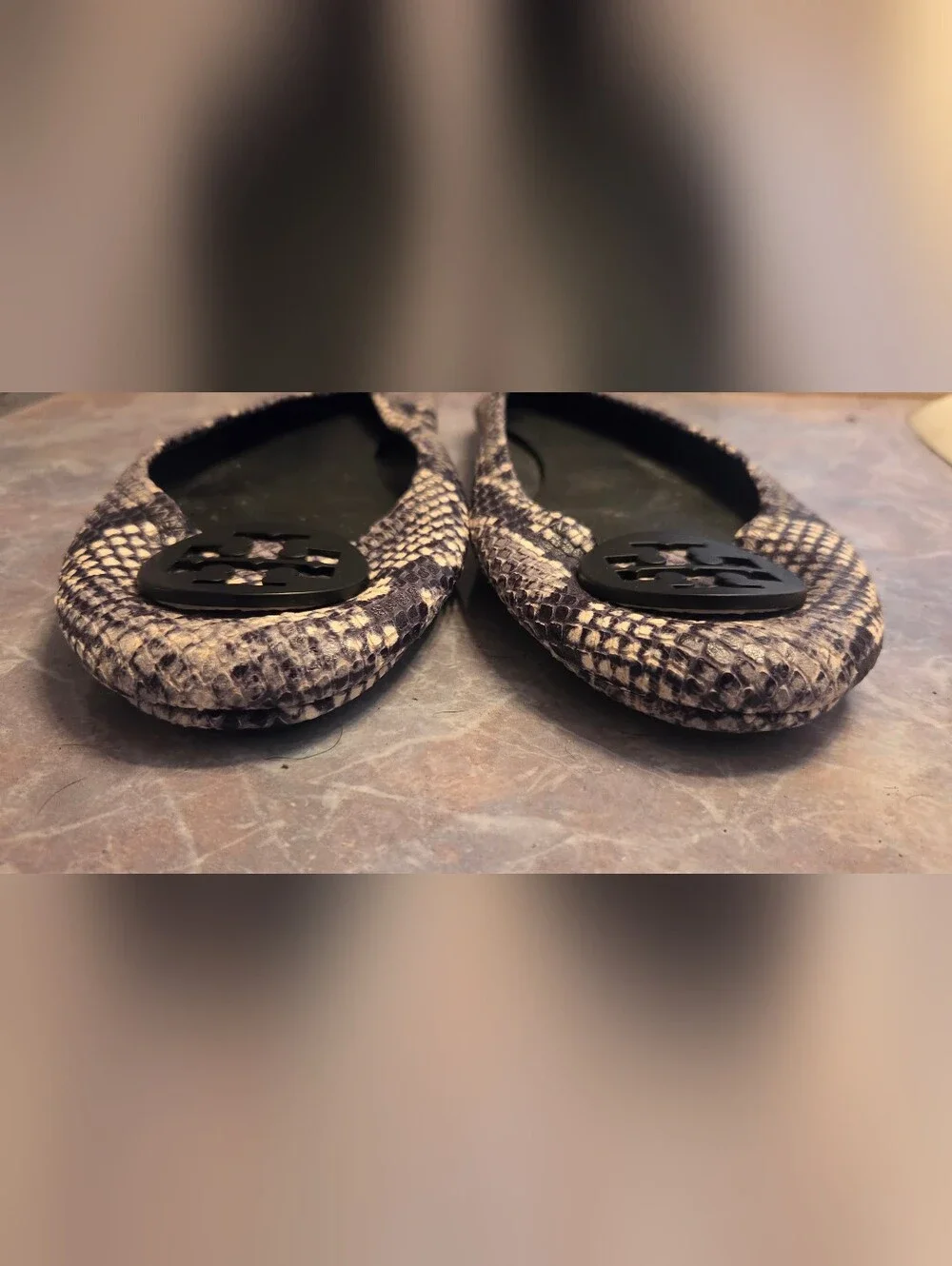 Tory Burch Snake Print Reva Flats in Black and Cream